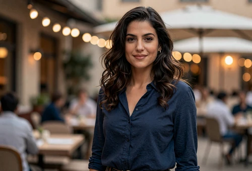 Woman on a restaurant terrace linking to uniform dating for men in uniform
