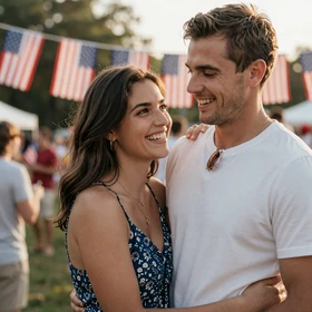 Couple at a patriotic celebration who met through military singles dating