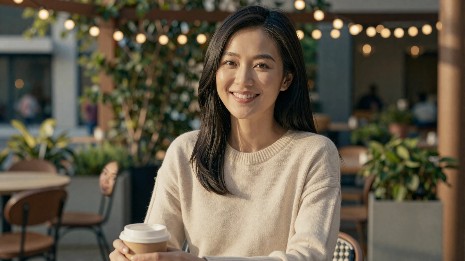 Woman smiling at an outdoor café, illustrating long-term military dating tips on a military dating site