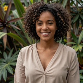 Woman in a botanical garden sharing her military dating success story
