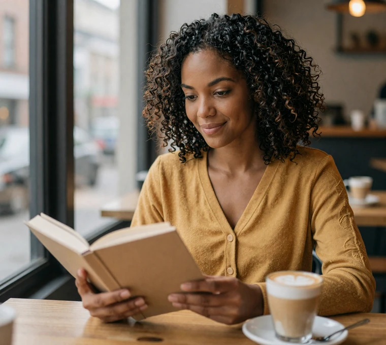 Woman reading in a cozy cafe, reflecting new relationships after military retirement