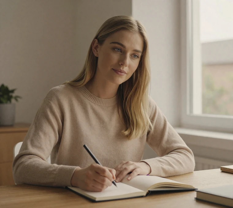Woman writing at a sunlit home desk, reflecting on how to date a military man on active duty