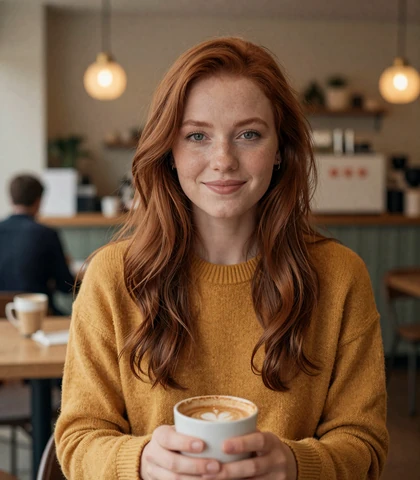 Redhead woman in a coffee shop, a verified army dating site member seeking soldiers