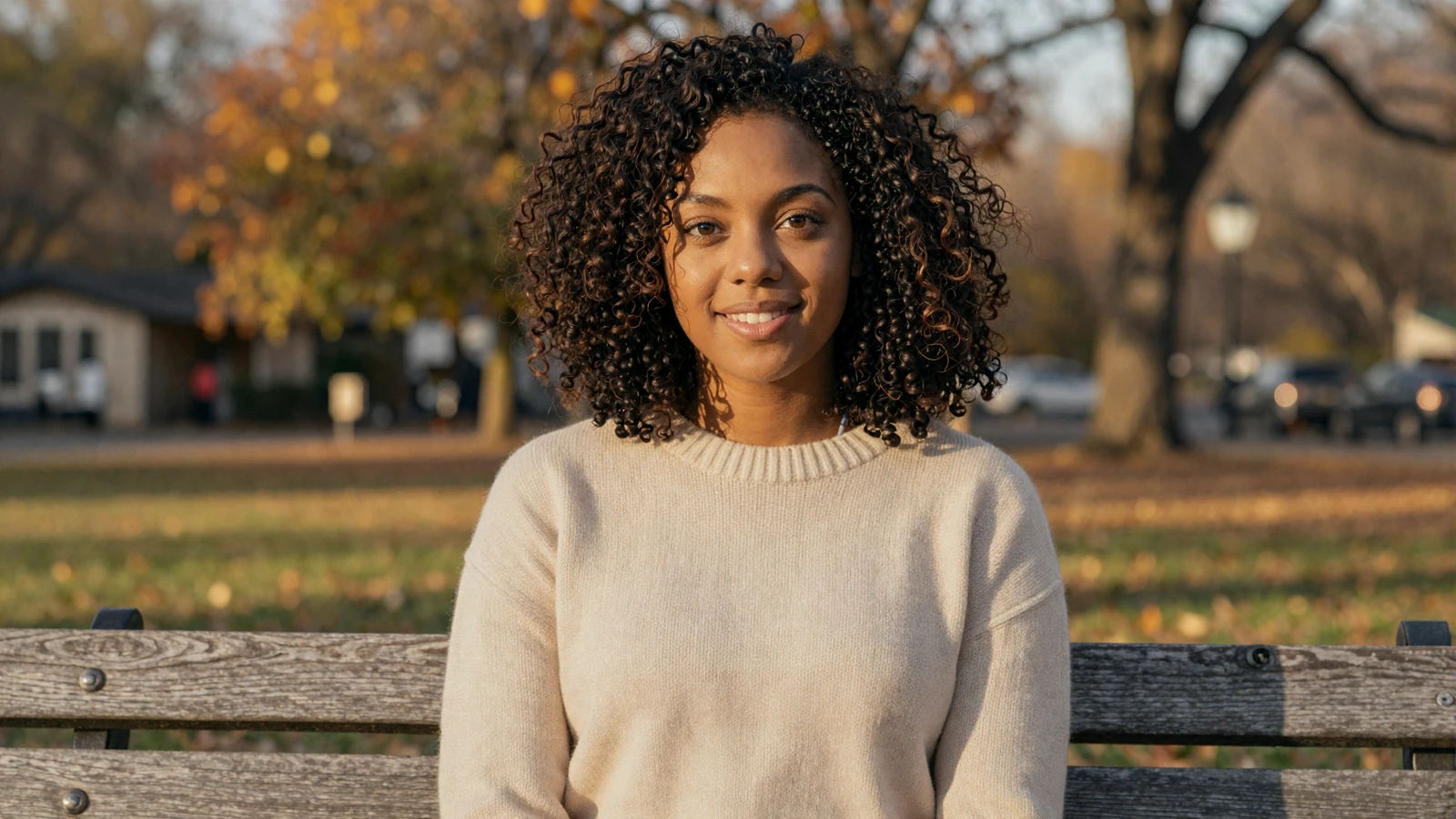 Woman smiling on a park bench in golden light, illustrating military online dating versus traditional dating apps