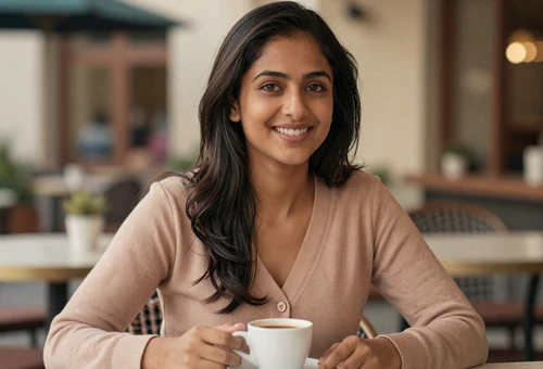 Woman at an outdoor café linking to the MilitarySoulmate military dating site homepage
