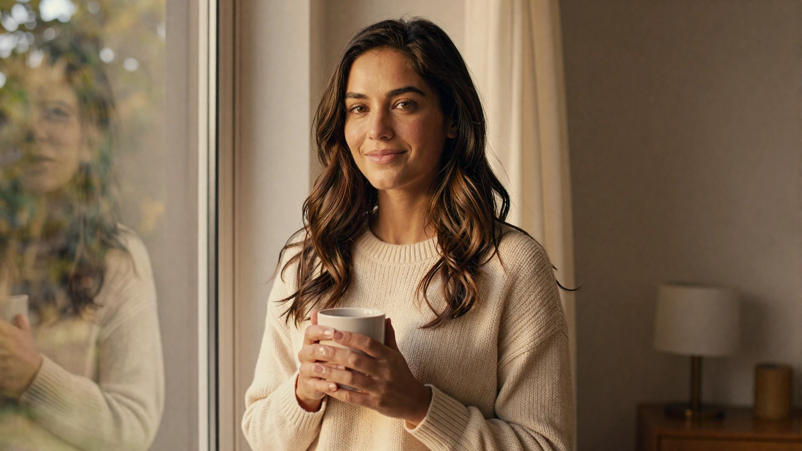 Woman smiling softly by a window at golden hour, illustrating a long distance military relationship during deployment