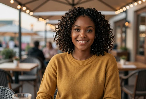 Woman on a restaurant terrace linking to army dating for soldiers and army singles
