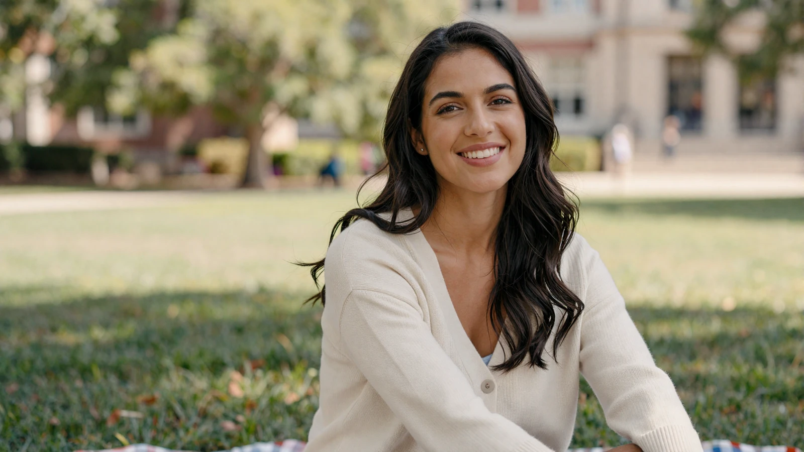 Woman smiling on a campus lawn, illustrating how women view military men today