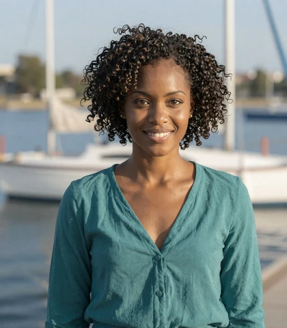 Black woman at a waterfront, a verified pilot singles dating member seeking aviators