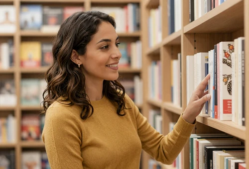 Woman in a bookstore linking to veteran dating for retired and ex-military singles