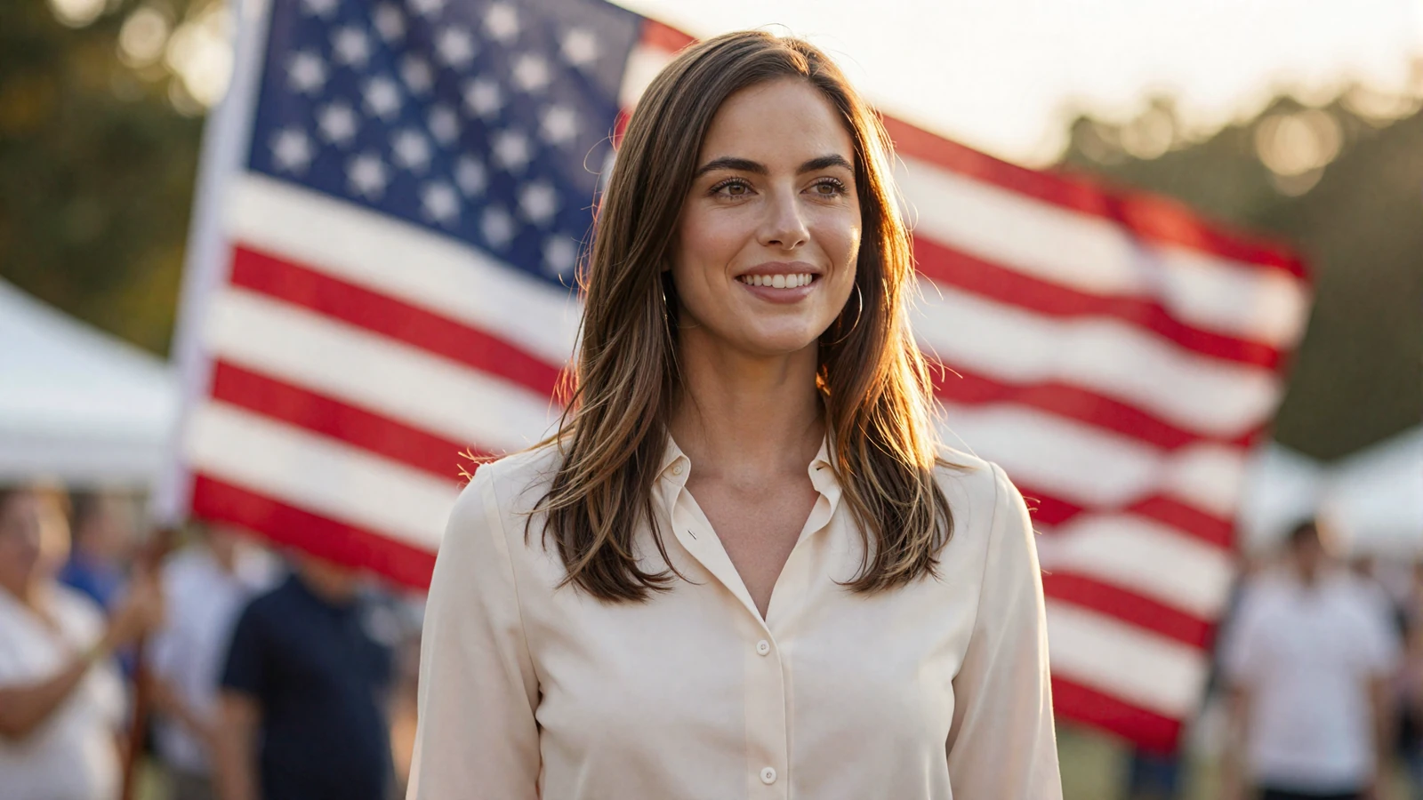 Woman smiling at a patriotic celebration on a welcoming military dating site