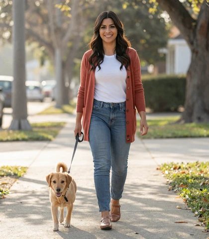 Latina woman walking a dog, a verified army dating member seeking army officers