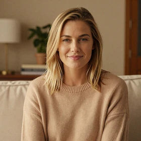 Woman in a cozy home interior sharing her military love story