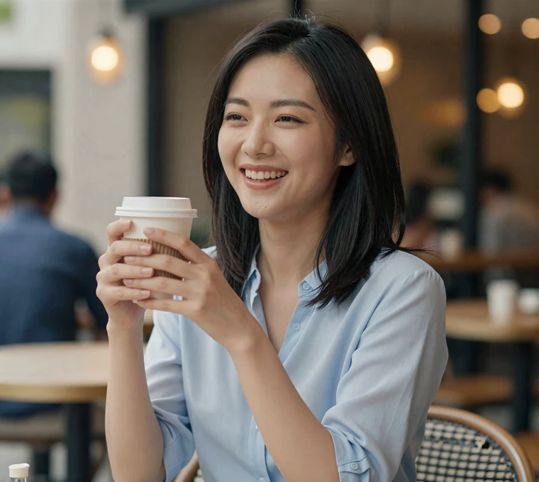 Woman laughing at an outdoor cafe, reflecting the modern perception of military men