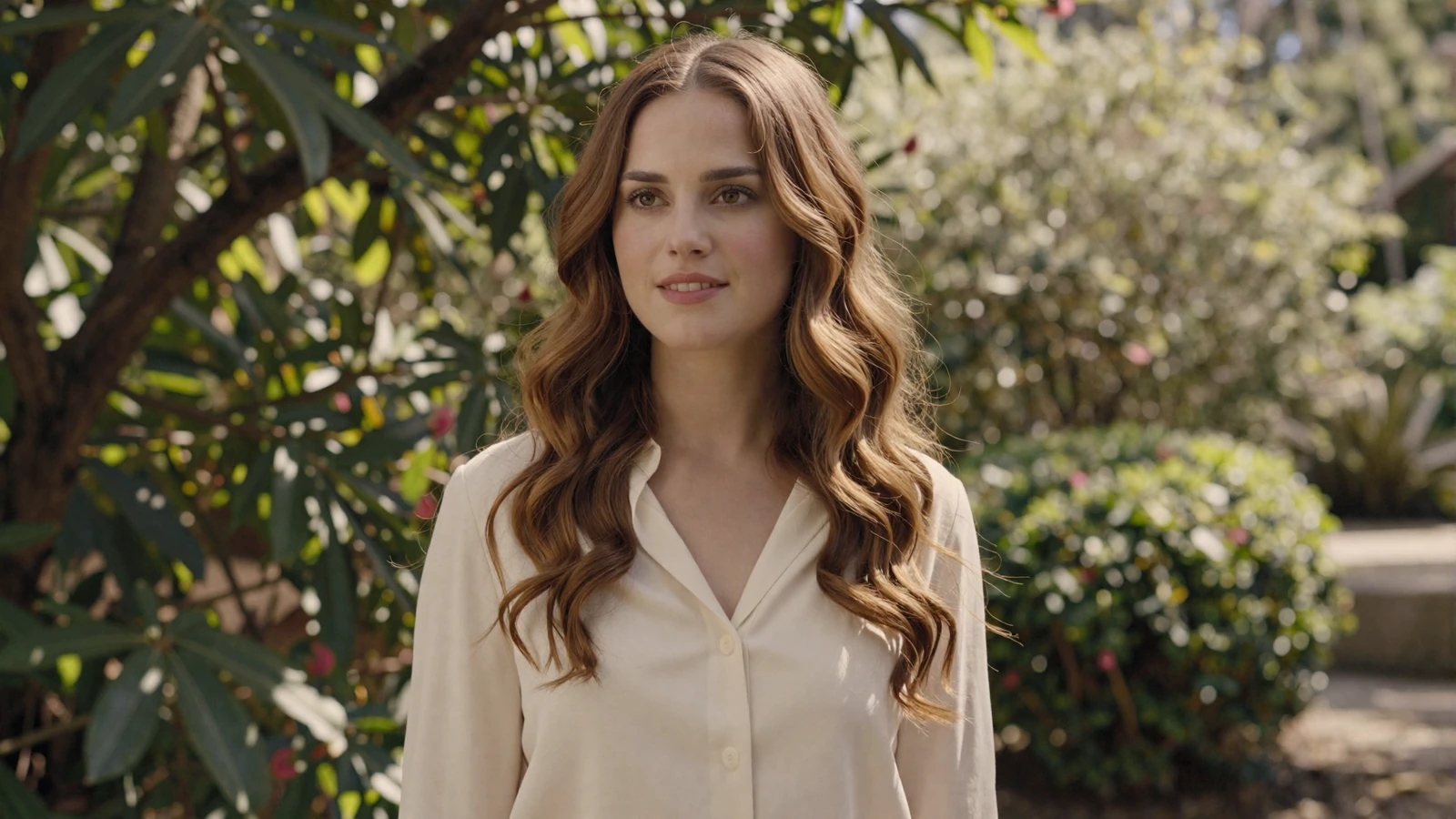 Woman smiling in a botanical garden, illustrating why women like military men on a military dating site