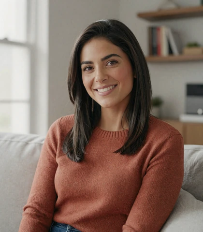 Latina woman relaxing in a modern apartment, a retired military dating site member