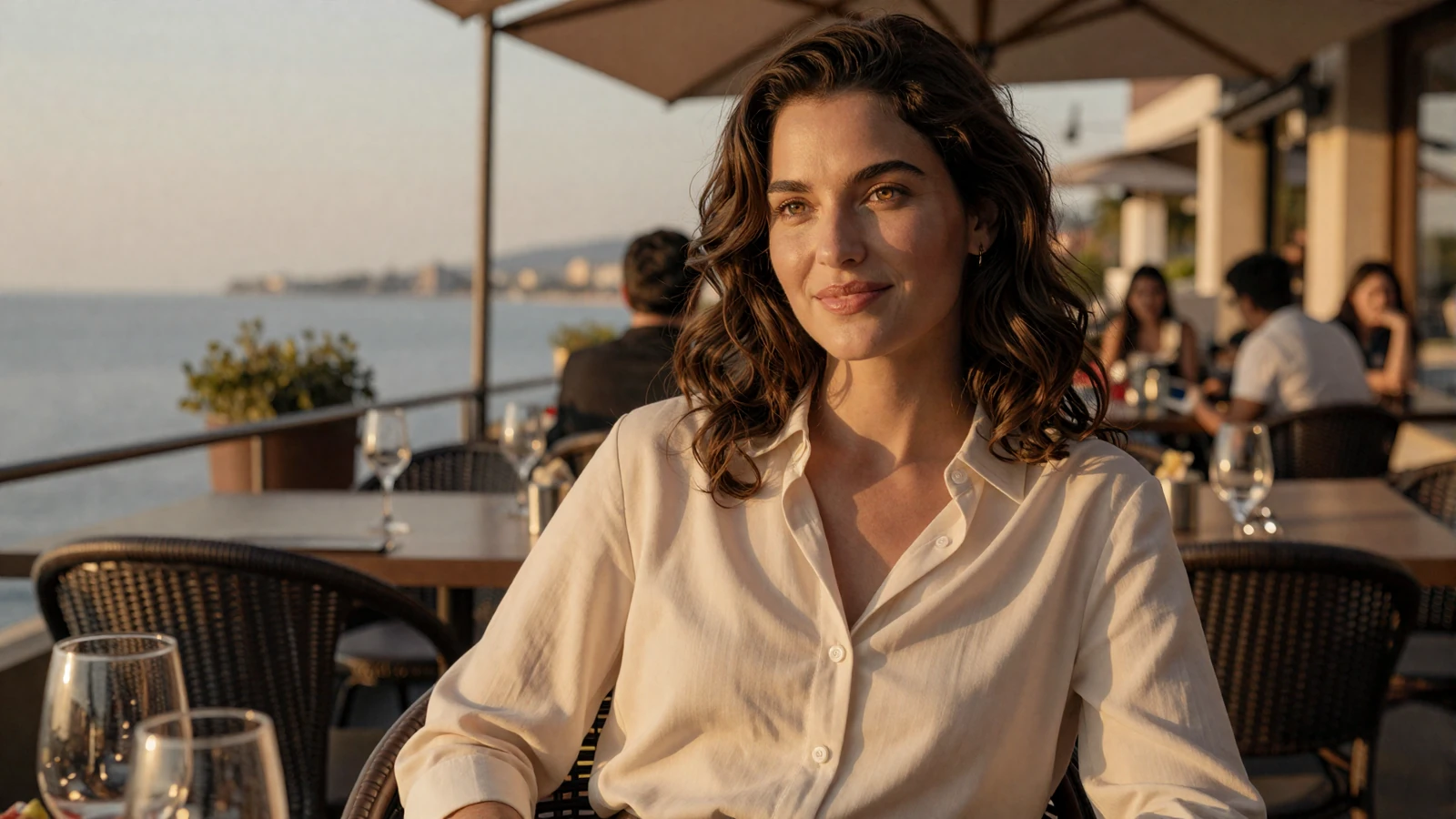 Woman smiling on a restaurant terrace at sunset on a veteran dating site for retired military singles