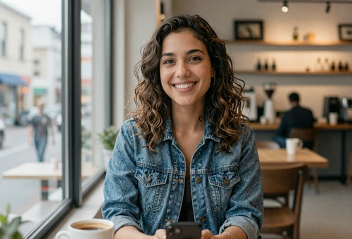 Woman in a coffee shop linking to army dating for soldiers and military singles