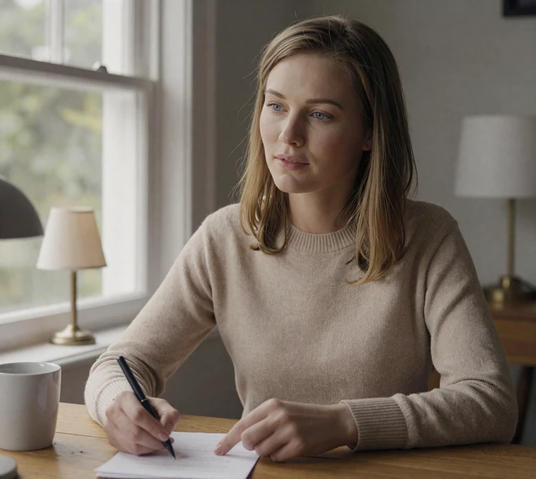 Woman writing a letter at a home desk in natural light, offering support in a deployment relationship