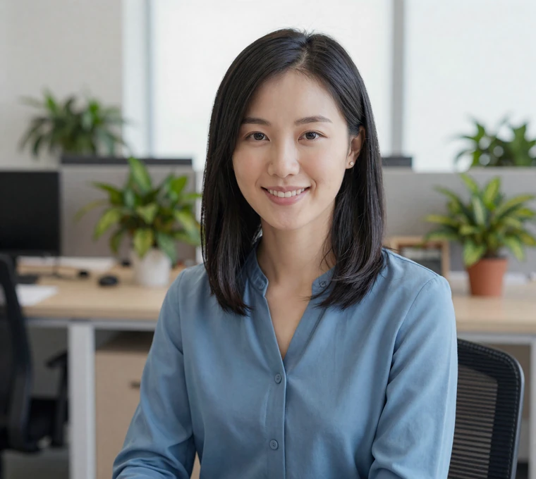 Confident woman in a casual office, a verified member of the military dating site