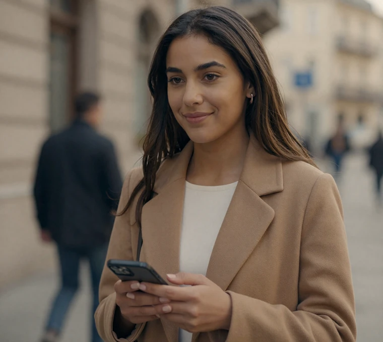 Woman walking through the city holding her phone while staying in touch during a deployment