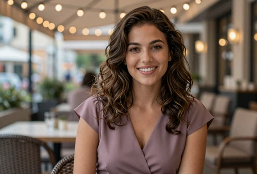 Woman on a restaurant terrace linking to uniform dating for men in uniform