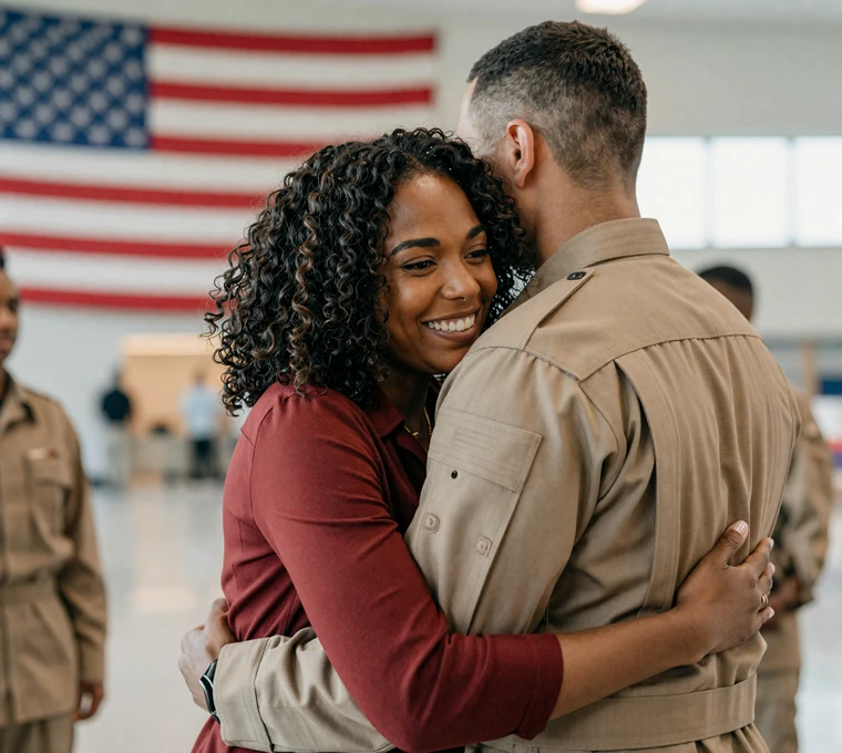 Woman embracing a man in uniform at an airport homecoming, the joy of reunion after a military deployment
