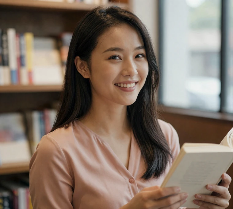 Woman laughing in a bookstore, representing genuine connections through military online dating