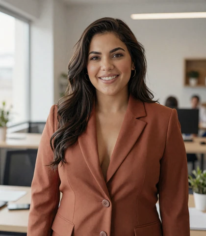 Latina woman in a casual office, a verified member interested in dating men in uniform