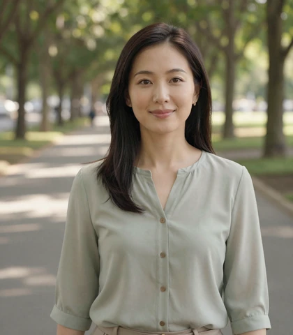 Asian woman on a park path, a verified uniform dating member seeking service members