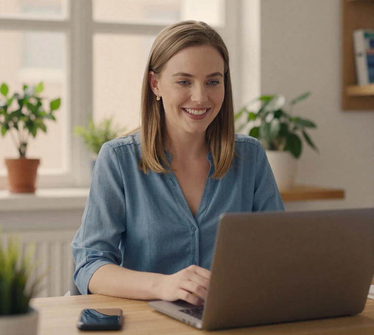 Woman on a warm video call in a casual office, showing how single military men connect while serving