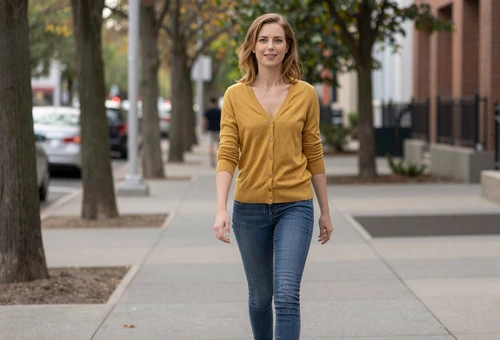 Woman on a city sidewalk linking to army dating for soldiers and army singles