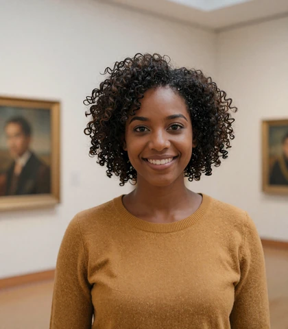 Black woman smiling in a museum, a member of the veteran dating site seeking military singles