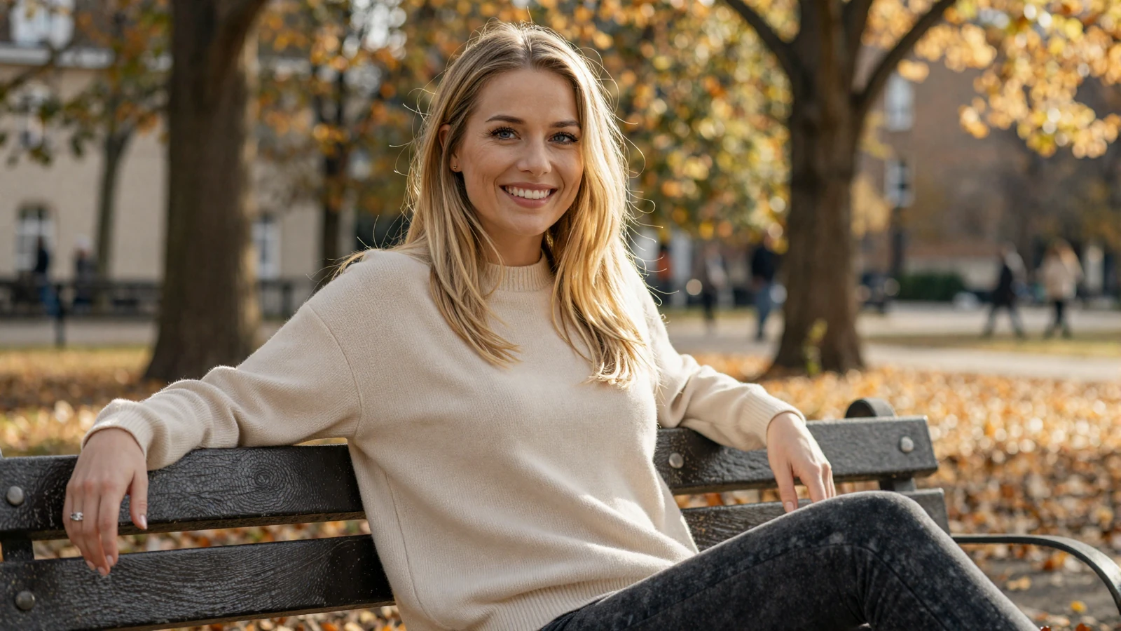 Blonde woman smiling on a park bench on an army dating site for soldiers and army singles