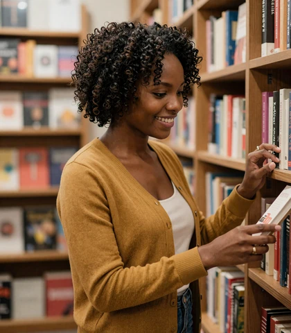 Black woman in a bookstore, a verified member interested in military dating