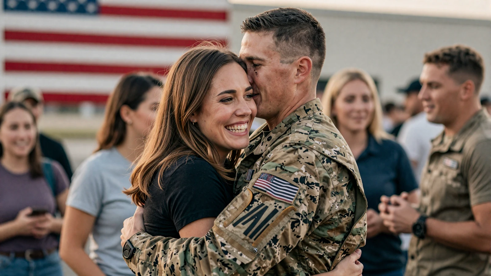 Airport homecoming reunion showing real military love stories on a military dating site