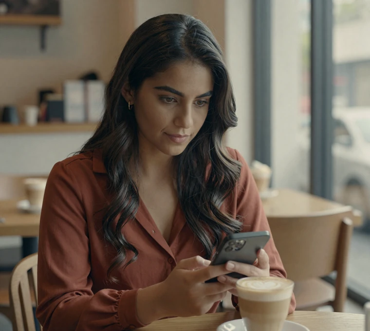Latina woman checking her phone at a café while practicing safe military dating habits