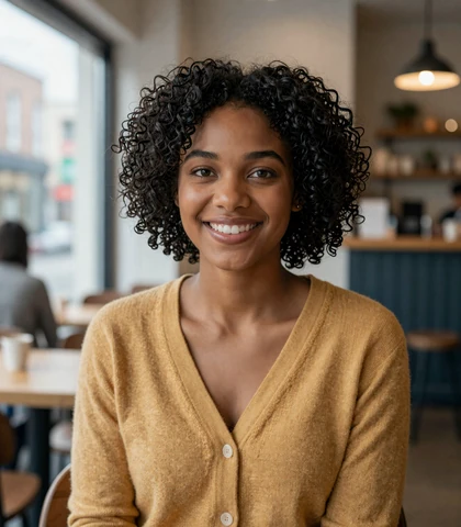 Black woman in a coffee shop, a verified member on a men in uniform dating site