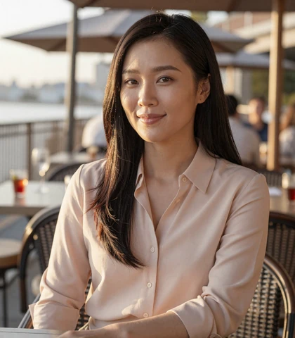Asian woman on a restaurant terrace, a military singles member seeking a service member