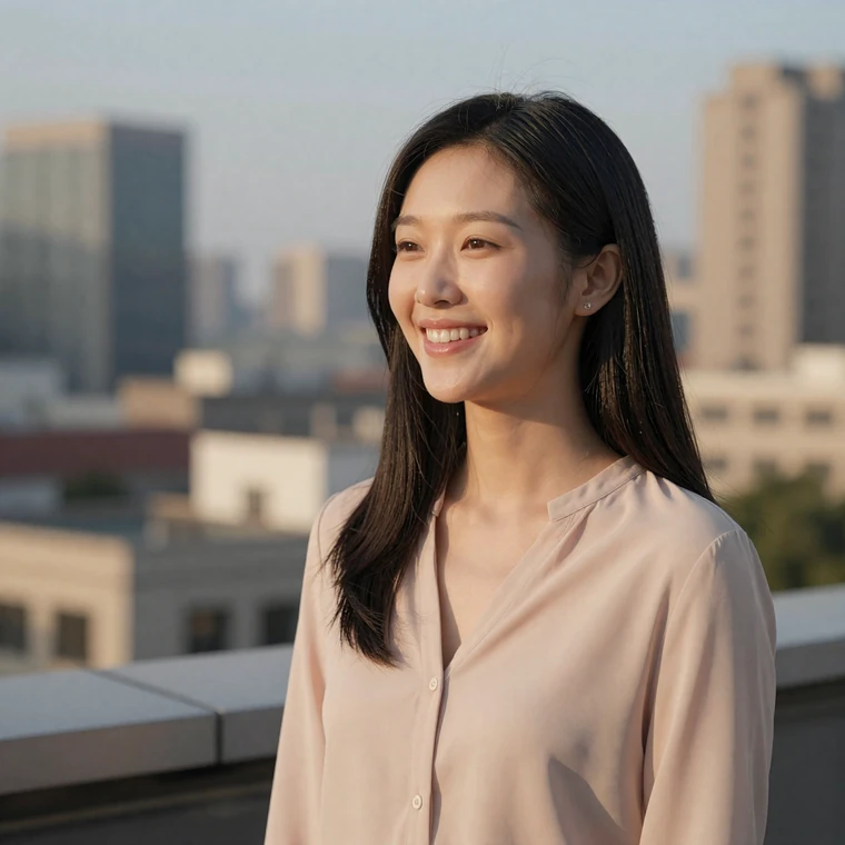 Asian woman laughing on a rooftop terrace, a military pilot dating site member seeking aviators