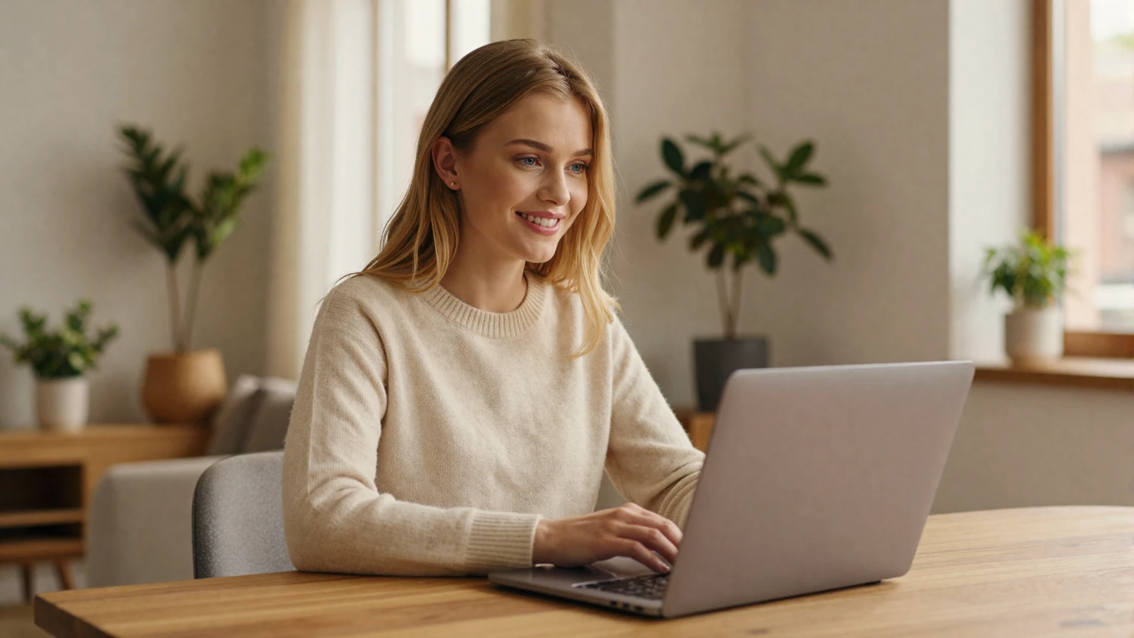 Woman smiling while using a laptop at home, learning military dating safety tips