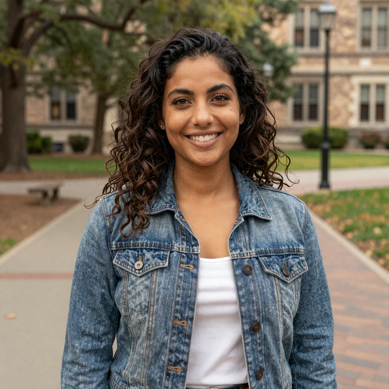 Mixed-ethnicity woman smiling on a university campus, an army dating site member seeking soldiers