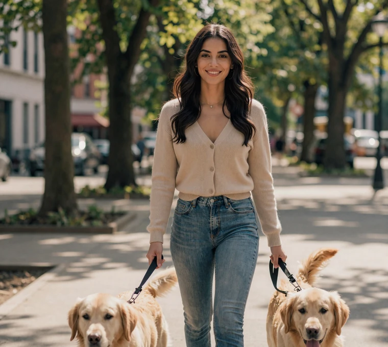 Woman walking her dog in a park, reflecting how limited time still leaves room to meet military men