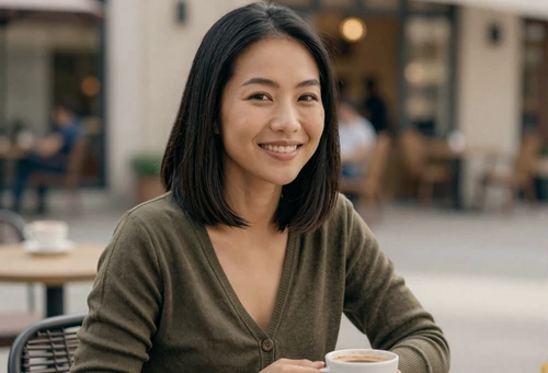 Woman at an outdoor cafe linking to army dating for soldiers and army singles