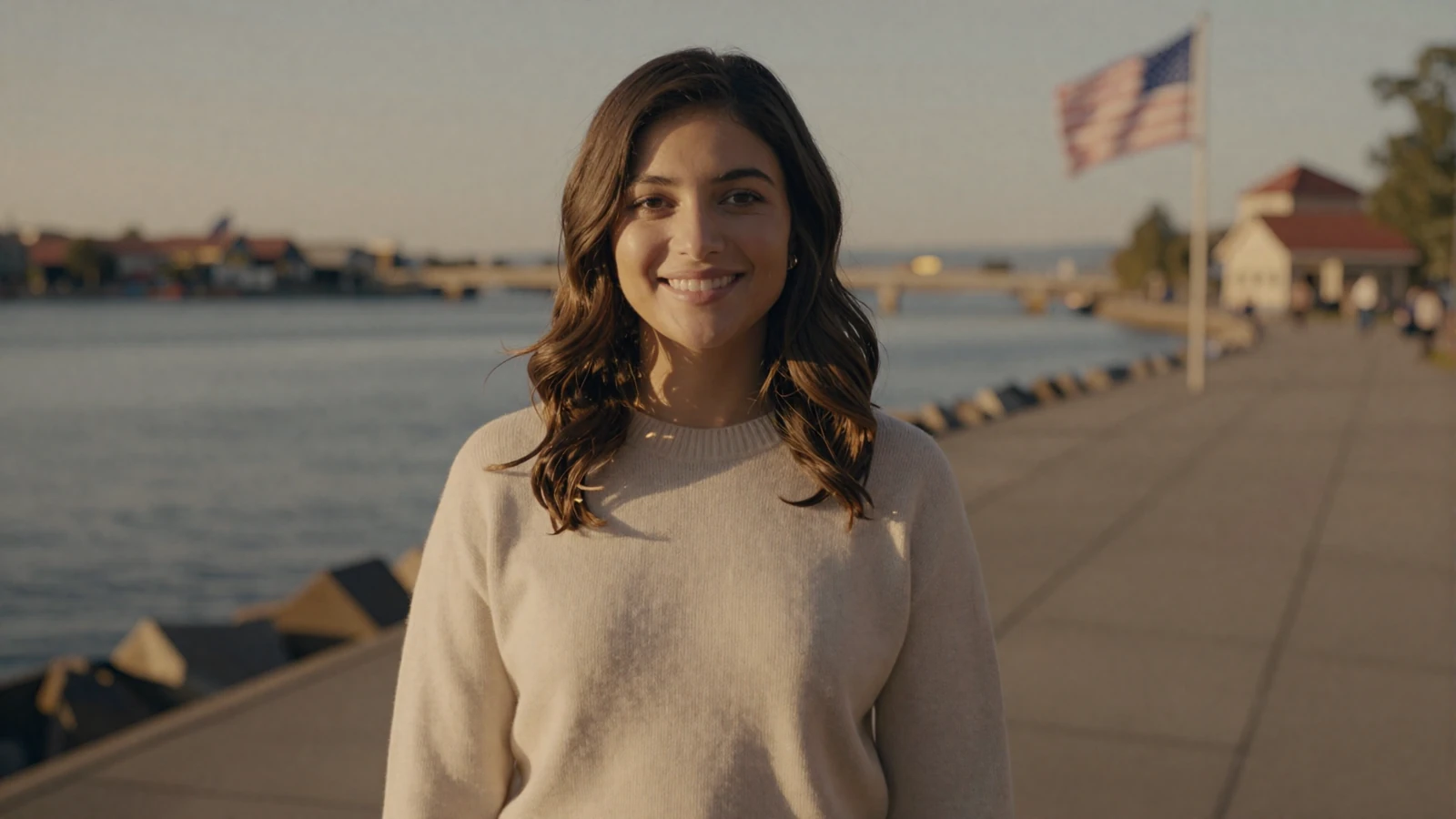 Woman smiling at a waterfront on a leading military dating site for singles