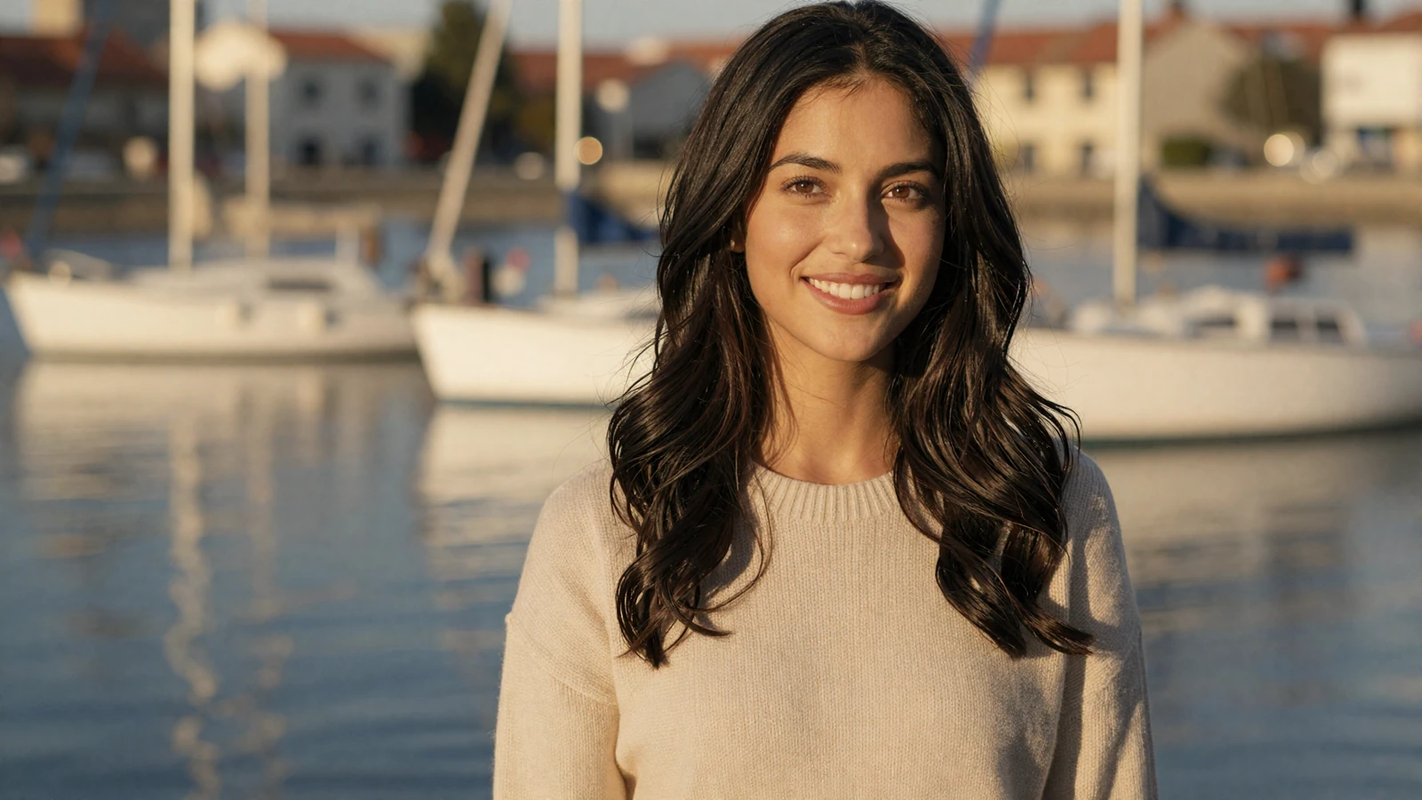 Brunette woman smiling by a marina on a navy dating site for sailors and naval officers