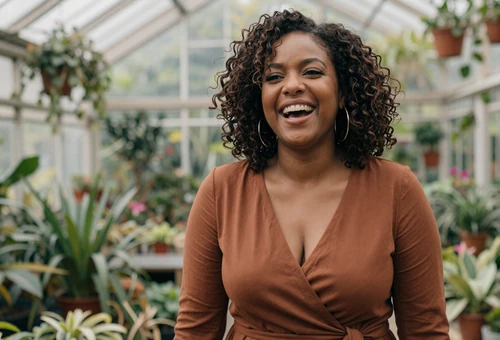 Woman laughing in a garden, linking to military love stories and success stories