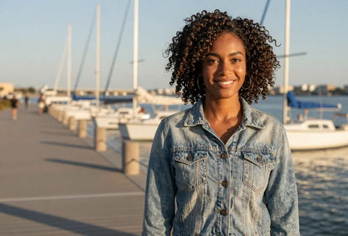 Woman on a waterfront boardwalk linking to navy dating for sailors and naval officers