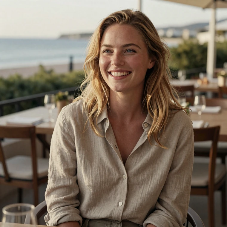 White woman laughing on a coastal restaurant terrace, a navy dating site member seeking sailors