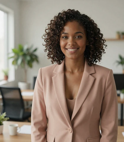 Black woman in a casual office, a verified soldier dating site member seeking army men